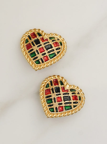 Butler & Wilson Scotch Tartan pattern Heart earrings (vintage)