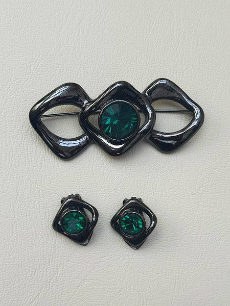 YSL Green Crystals Earrings and Brooch (Vintage)
