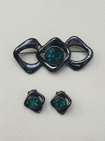 YSL Green Crystals Earrings and Brooch (Vintage)