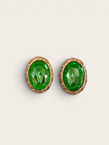 YSL Gold Plated Oval Earrings with Green Crystal