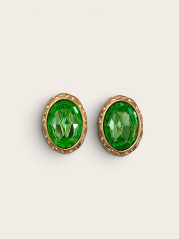 YSL Gold Plated Oval Earrings with Green Crystal