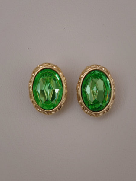 YSL Gold Plated Oval Earrings with Green Crystal