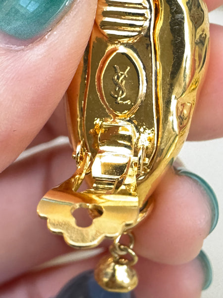 YSL Gold Pendant Earrings with Blue resin drops