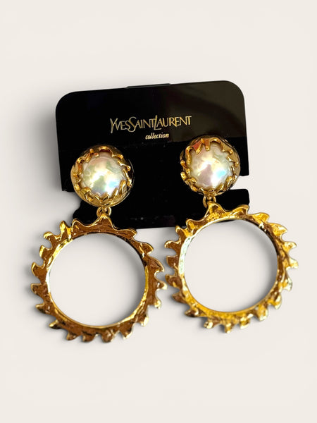 YSL Golden Hoops Earrings with Shimmery Faux Pearls (Vintage)