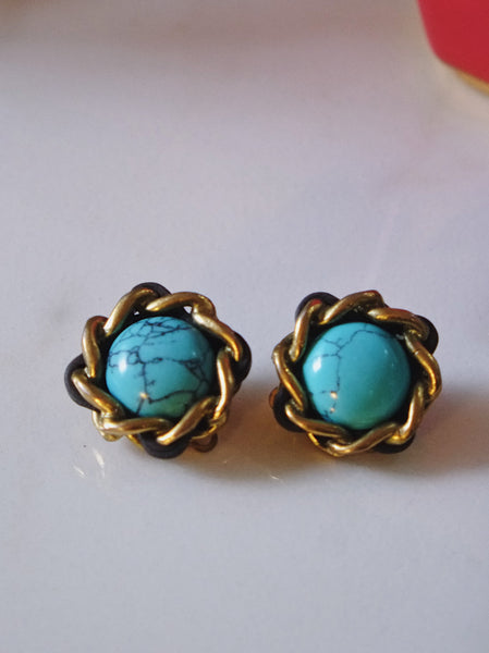 CHANEL turquoise stone with leather embellishment clip on earrings (vintage)