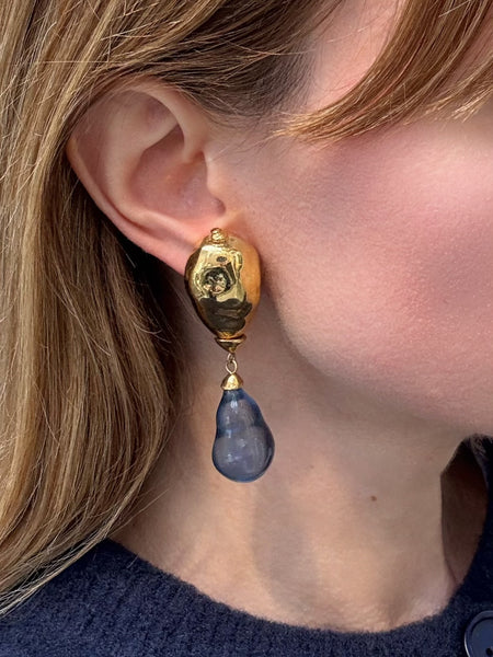YSL Gold Pendant Earrings with Blue resin drops
