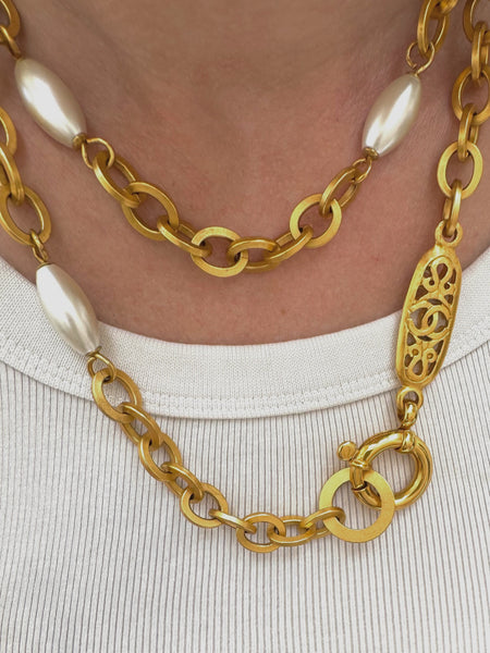 CHANEL golden chain with glass pearls long necklace, circa 1996