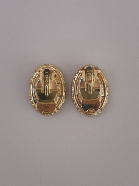 YSL Gold Plated Oval Earrings with Green Crystal
