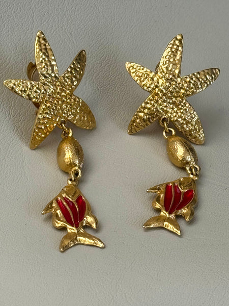 YSL Gold Plated Starfish and Red Fish Earrings