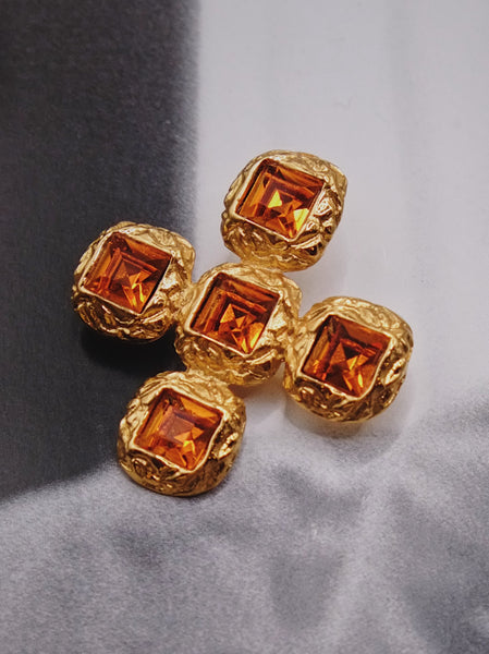 YSL Yves Saint Laurent orange crystals cross pin brooch (Vintage) | on slowness