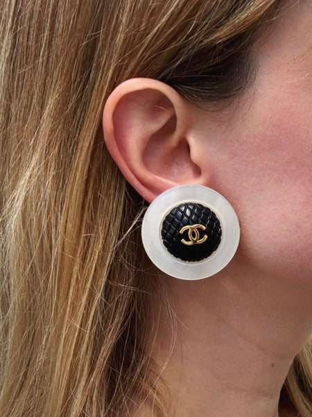 CHANEL Mother of Pearl with Black Woven Statement Earrings (Vintage)