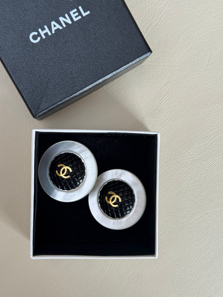 CHANEL Mother of Pearl with Black Woven Statement Earrings (Vintage)