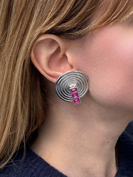 YSL Round Metal Earrings with Pink Crystals