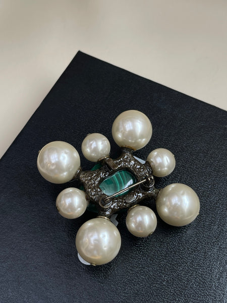 CHANEL Malachite and Glass Pearls Brooch, Circa 1997P (vintage)