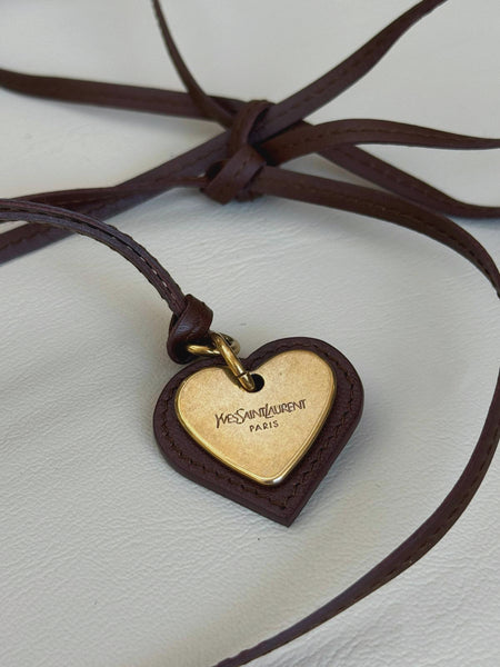 YSL brown heart pendant leather necklace