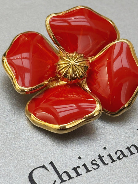 Christian Dior Red Enameled Flower Brooch (Vintage)
