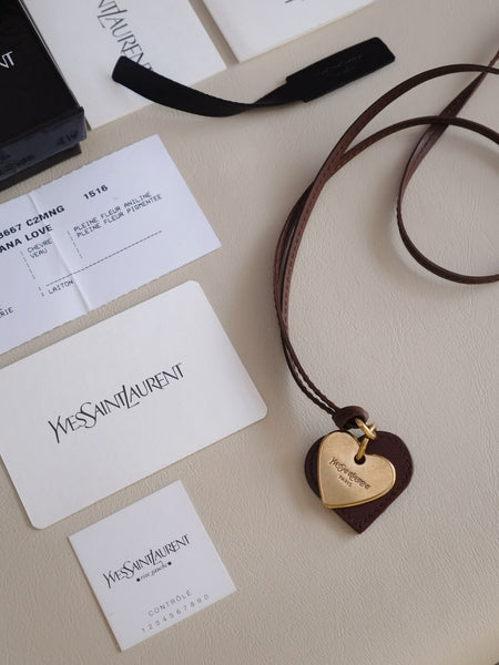 YSL brown heart pendant leather necklace