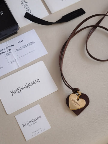 YSL brown heart pendant leather necklace