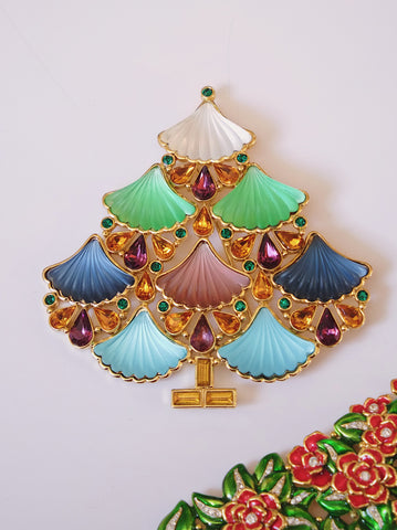 Cristobal London XL multicolour glass and crystals Christmas tree brooch (vintage) | on slowness