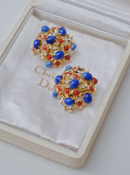 Chr Dior 1967 blue and coral colours cabochon earrings (Vintage)