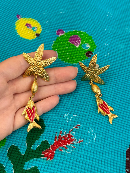 YSL Gold Plated Starfish and Red Fish Earrings