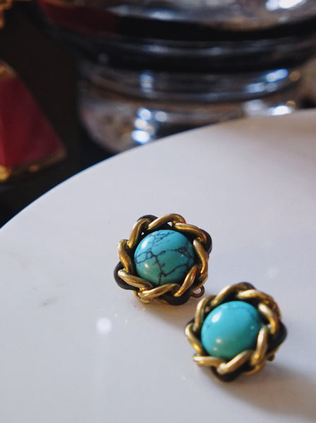CHANEL turquoise stone with leather embellishment clip on earrings (vintage)