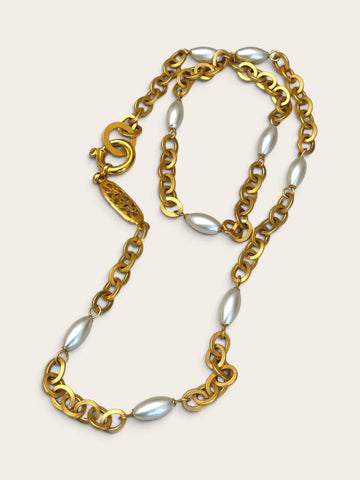 CHANEL golden chain with glass pearls long necklace, circa 1996