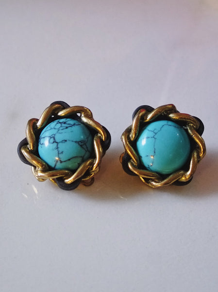 CHANEL turquoise stone with leather embellishment clip on earrings (vintage)