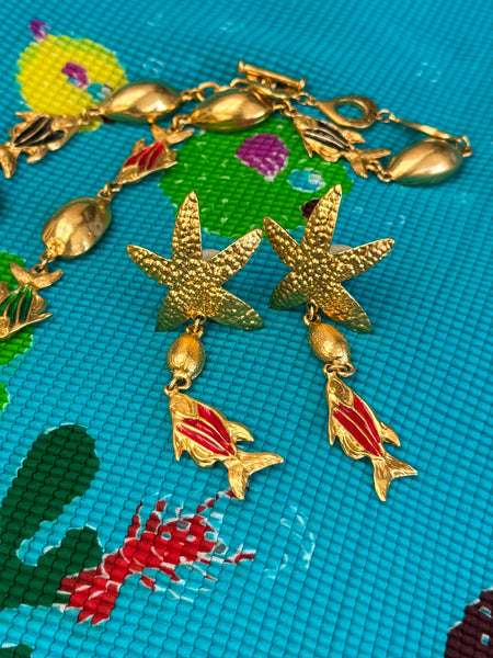 YSL Gold Plated Starfish and Red Fish Earrings
