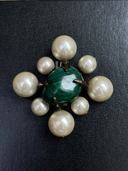 CHANEL Malachite and Glass Pearls Brooch, Circa 1997P (vintage)