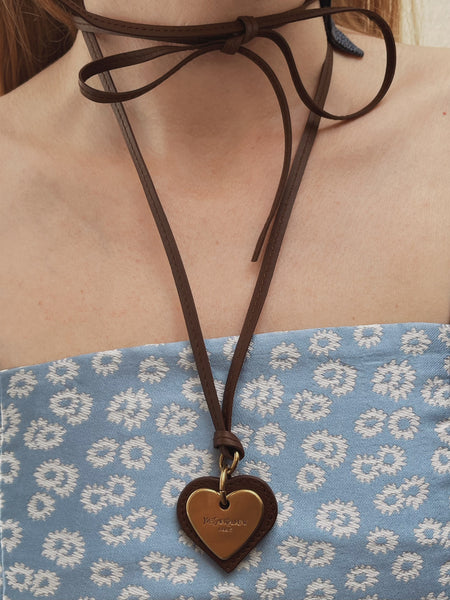 YSL brown heart pendant leather necklace