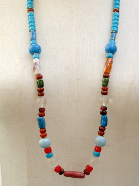 YSL multi-colour glass and hand-painted ceramic beads long necklace (vintage)