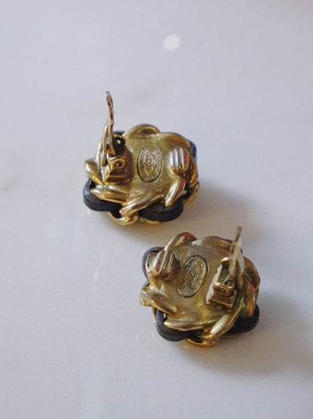 CHANEL turquoise stone with leather embellishment clip on earrings (vintage)