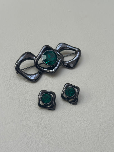 YSL Green Crystals Earrings and Brooch (Vintage)