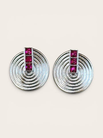 YSL Round Metal Earrings with Pink Crystals
