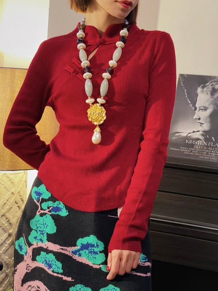 Edouard Rambaud golden rose faux pearls drop necklace (Vintage) | on slowness