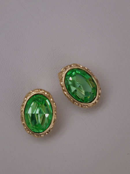 YSL Gold Plated Oval Earrings with Green Crystal