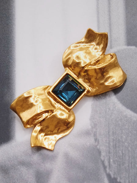 YSL Yves Saint Laurent raffia bow crystal brooch (Vintage)