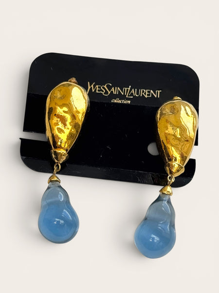 YSL Gold Pendant Earrings with Blue resin drops