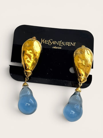YSL Gold Pendant Earrings with Blue resin drops