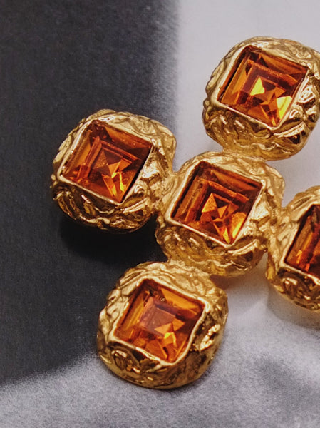 YSL Yves Saint Laurent orange crystals cross pin brooch (Vintage) | on slowness