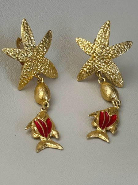 YSL Gold Plated Starfish and Red Fish Earrings