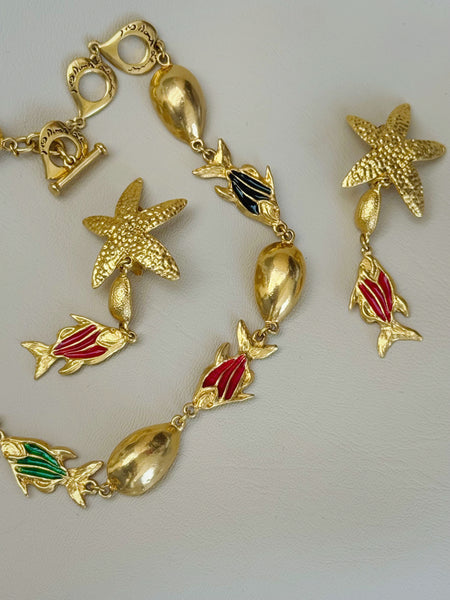 YSL Gold Plated Starfish and Red Fish Earrings