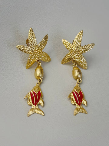 YSL Gold Plated Starfish and Red Fish Earrings