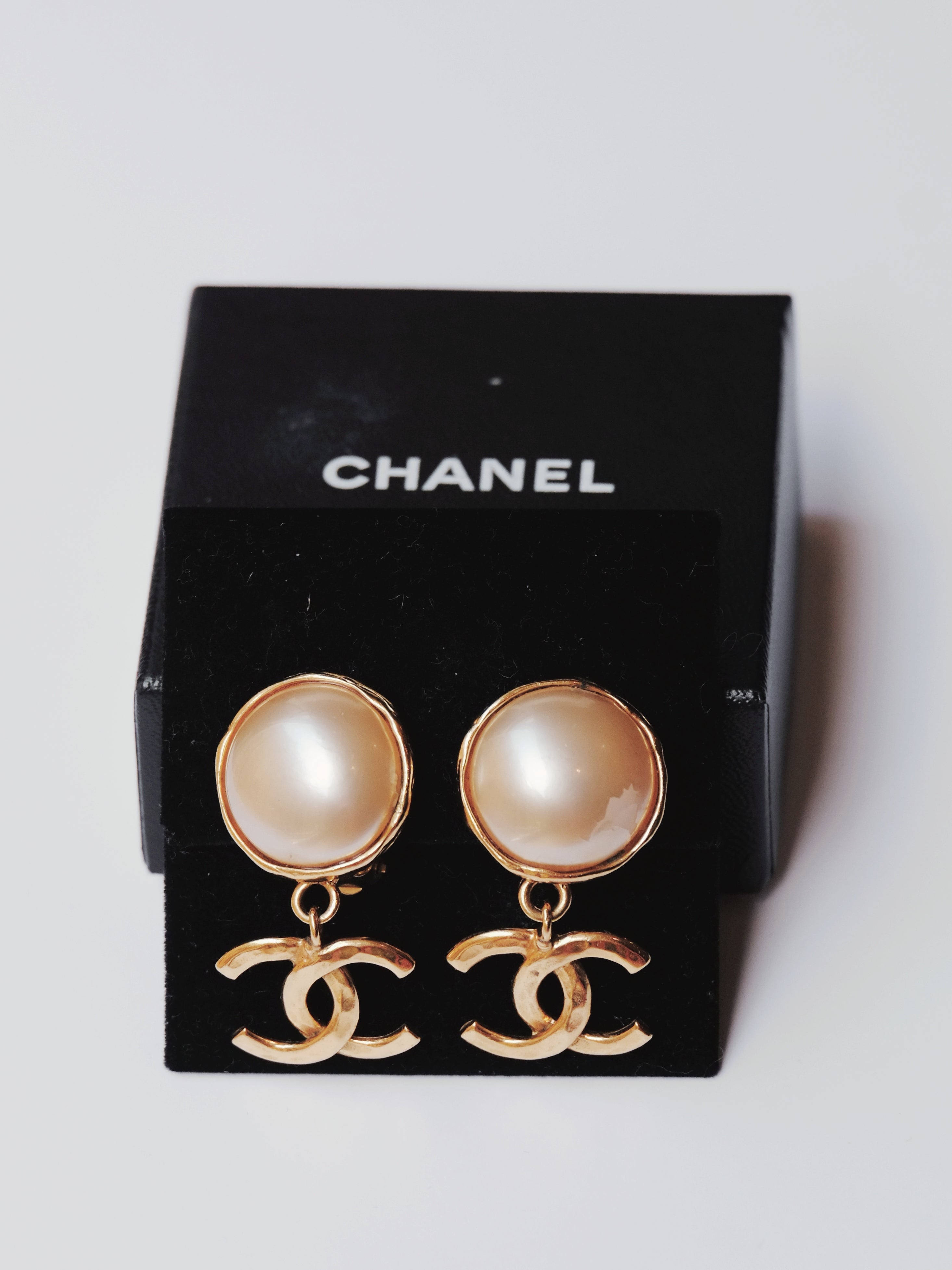 Chanel Vintage CC Logo Faux Pearl Drop Clip On Earrings