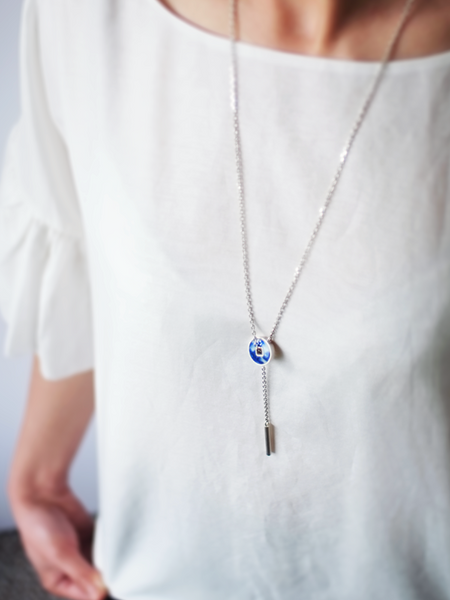 Yichuan Jewellery silver, antique blue and white porcelain necklace square circle small | On Slowness Fashion 