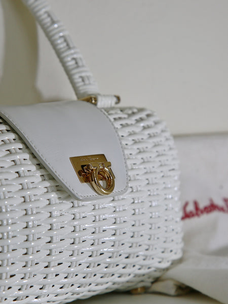 Salvatore Ferragamo white Gancini Gancino lock wicker bag (vintage)