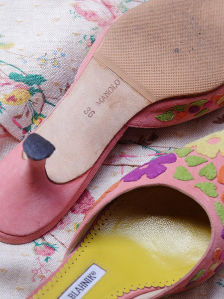 Manolo Blahnik suede floral mules (Vintage)