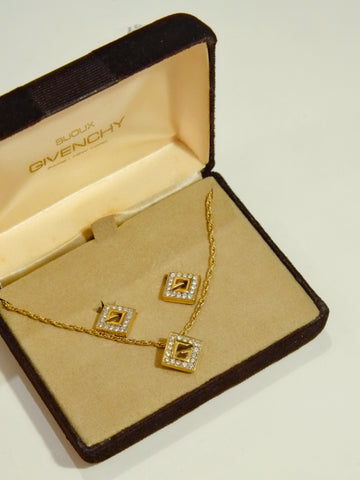 Givenchy rhinestones square necklace + earrings (Vintage)