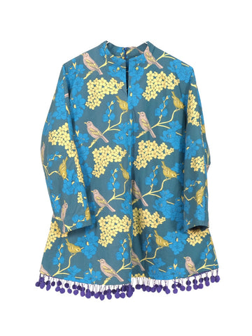 Suzhou Cobblers womens blue yellow bird prints oversized coat | On Slowness Fashion
